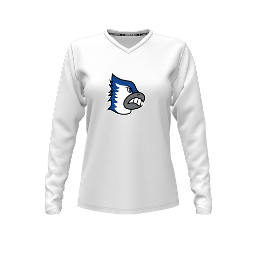 [CUS-DFW-TEES-CMF-VNK-LSL-WHT-FYXS-LOGO2] Decker Comfort T-Shirt (Female Youth XS, White, V Neck, Logo 2, Long Sleeve)