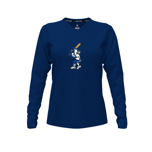 [CUS-DFW-TEES-CMF-VNK-LSL-NVY-FYXS-LOGO3] Decker Comfort T-Shirt (Female Youth XS, Navy, V Neck, Logo 3, Long Sleeve)