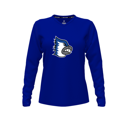 [CUS-DFW-TEES-CMF-VNK-LSL-RYL-FYXS-LOGO2] Decker Comfort T-Shirt (Female Youth XS, Royal, V Neck, Logo 2, Long Sleeve)