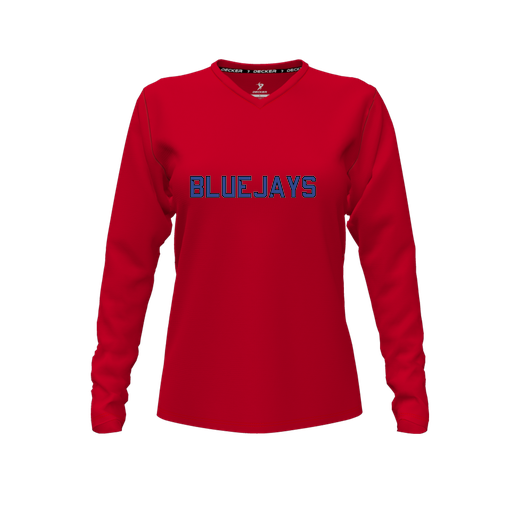 [CUS-DFW-TEES-CMF-VNK-LSL-RED-FYXS-LOGO1] Decker Comfort T-Shirt (Female Youth XS, Red, V Neck, Logo 1, Long Sleeve)