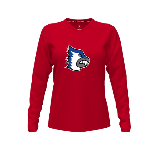 [CUS-DFW-TEES-CMF-VNK-LSL-RED-FYXS-LOGO2] Decker Comfort T-Shirt (Female Youth XS, Red, V Neck, Logo 2, Long Sleeve)