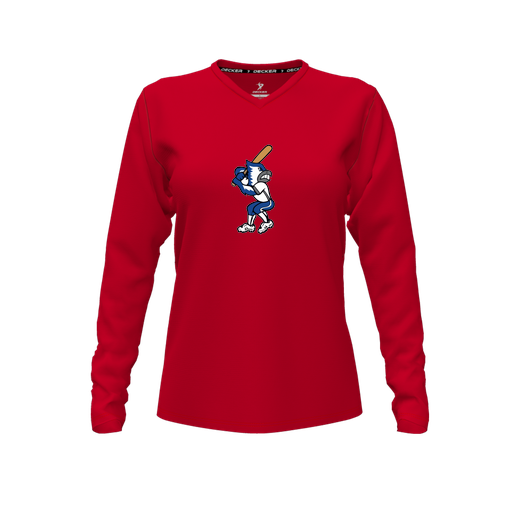 [CUS-DFW-TEES-PER-VNK-LSL-RED-FYXS-LOGO3] Decker Performance T-Shirt (Female Youth XS, Red, V Neck, Logo 3, Long Sleeve)
